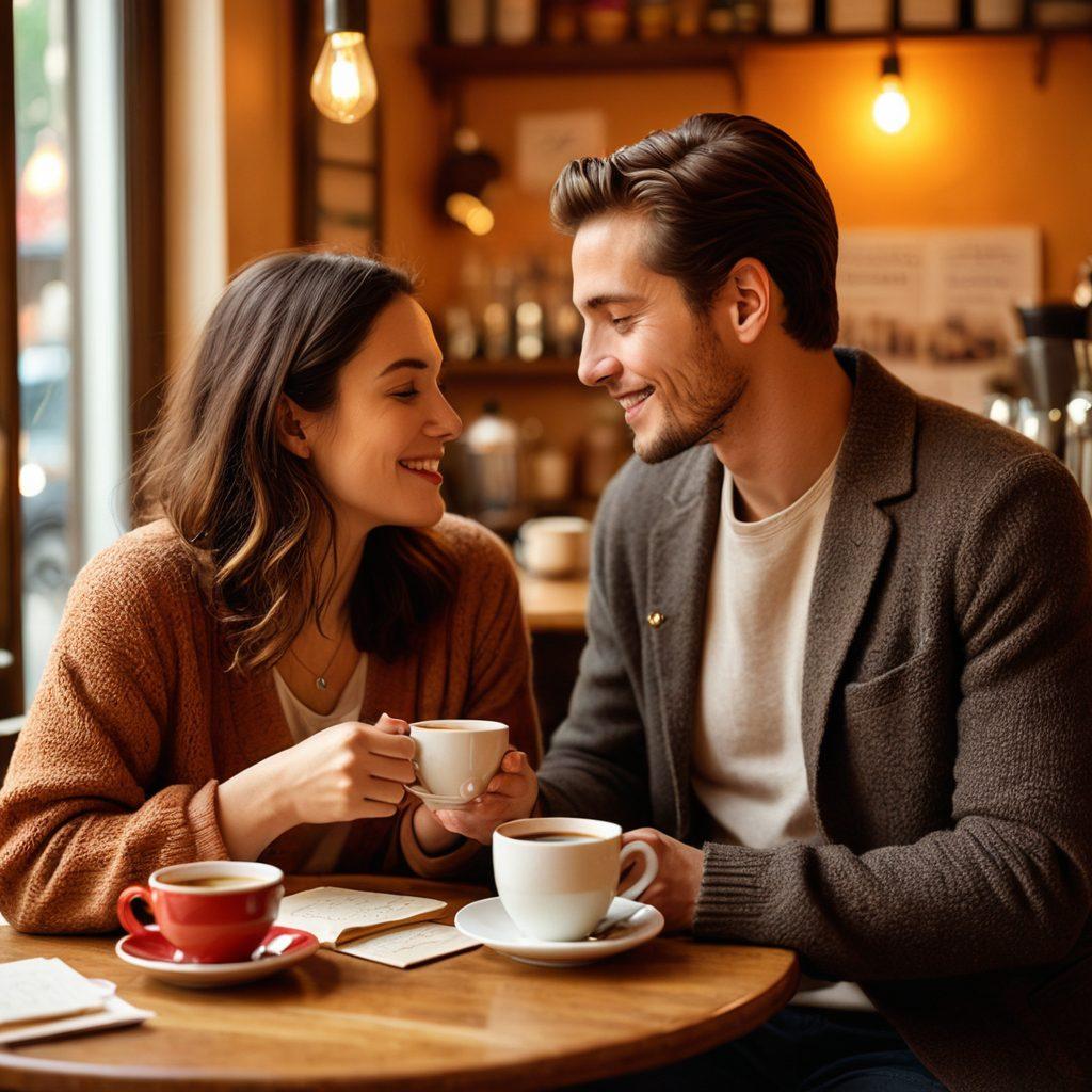 A cozy café scene featuring two people sharing a heartfelt conversation over coffee, surrounded by intimate lighting and warm decor. In the background, soft heart-shaped decorations and romantic gestures like handwritten notes and flowers create an inviting atmosphere. Focus on their expressions of connection and joy. soft focus. warm colors. romantic vibe.