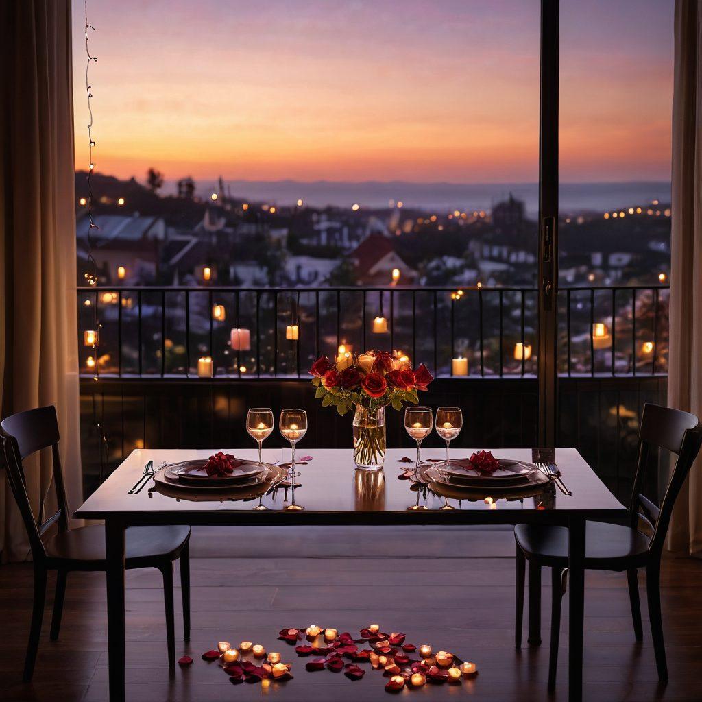 A cozy candlelit dinner setting for two, adorned with rose petals and soft fairy lights overhead, capturing an intimate atmosphere. Include two wine glasses clinking together in celebration, with a beautiful sunset view through a window. Highlight the warmth of romance with soft shadows and gentle colors. super-realistic. warm hues. soft focus.
