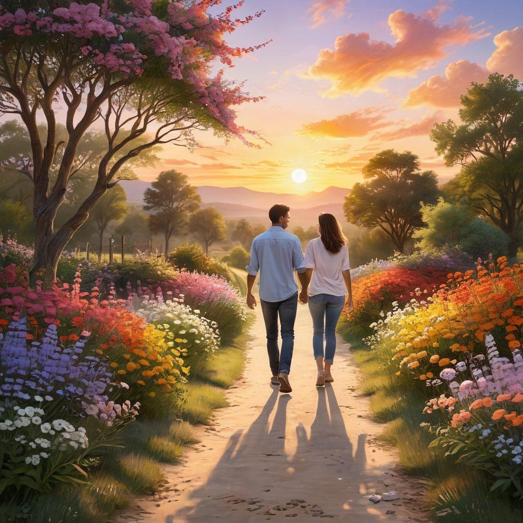 A warm, inviting scene depicting two diverse individuals holding hands while walking along a sunlit path lined with blooming flowers, symbolizing emotional connection. Subtle hearts and wispy lines of light intertwining around them to represent deepening bonds, with a serene background of soft clouds and a pastel sunset. Engaging and uplifting atmosphere. super-realistic. vibrant colors. 3D.
